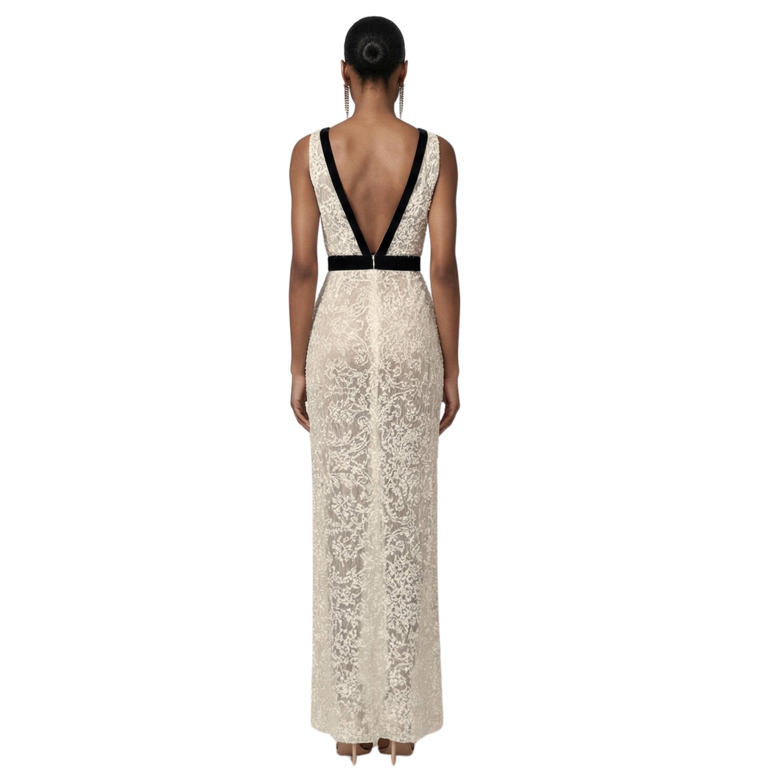 Fleur de Grace Gown – ivory lace plunge evening gown with velvet bow waist