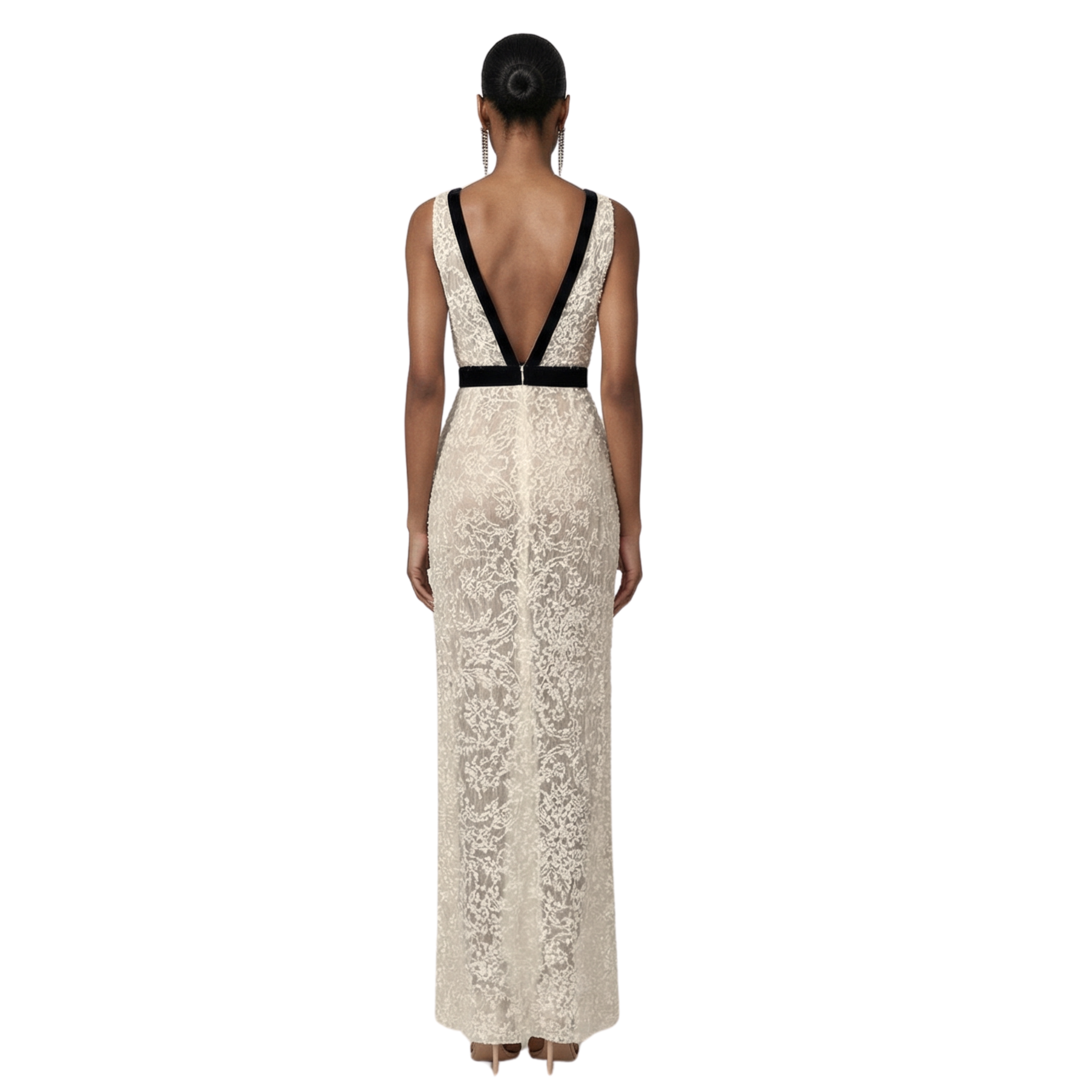 Fleur de Grace Gown – ivory lace plunge evening gown with velvet bow waist