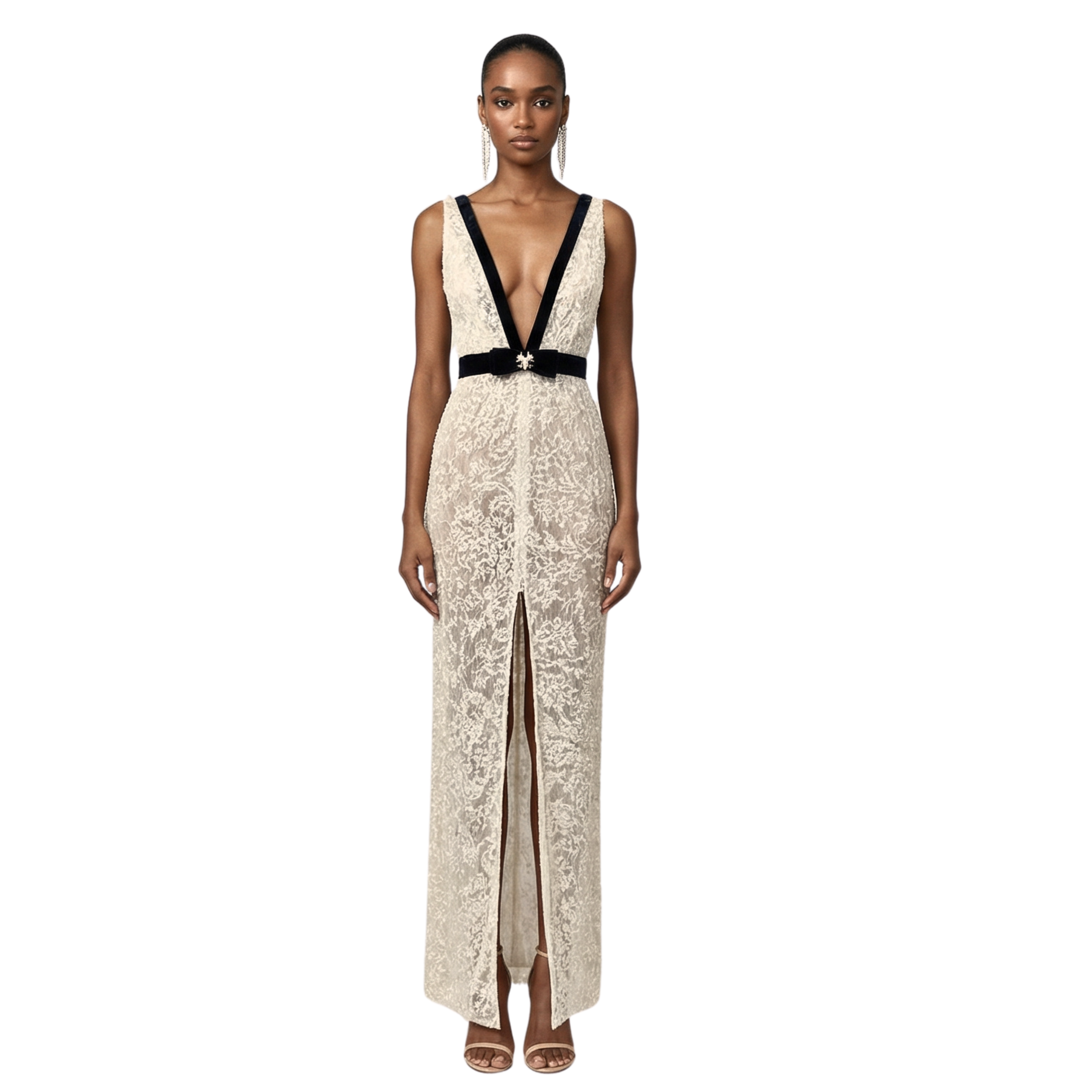 Fleur de Grace Gown – ivory lace plunge evening gown with velvet bow waist