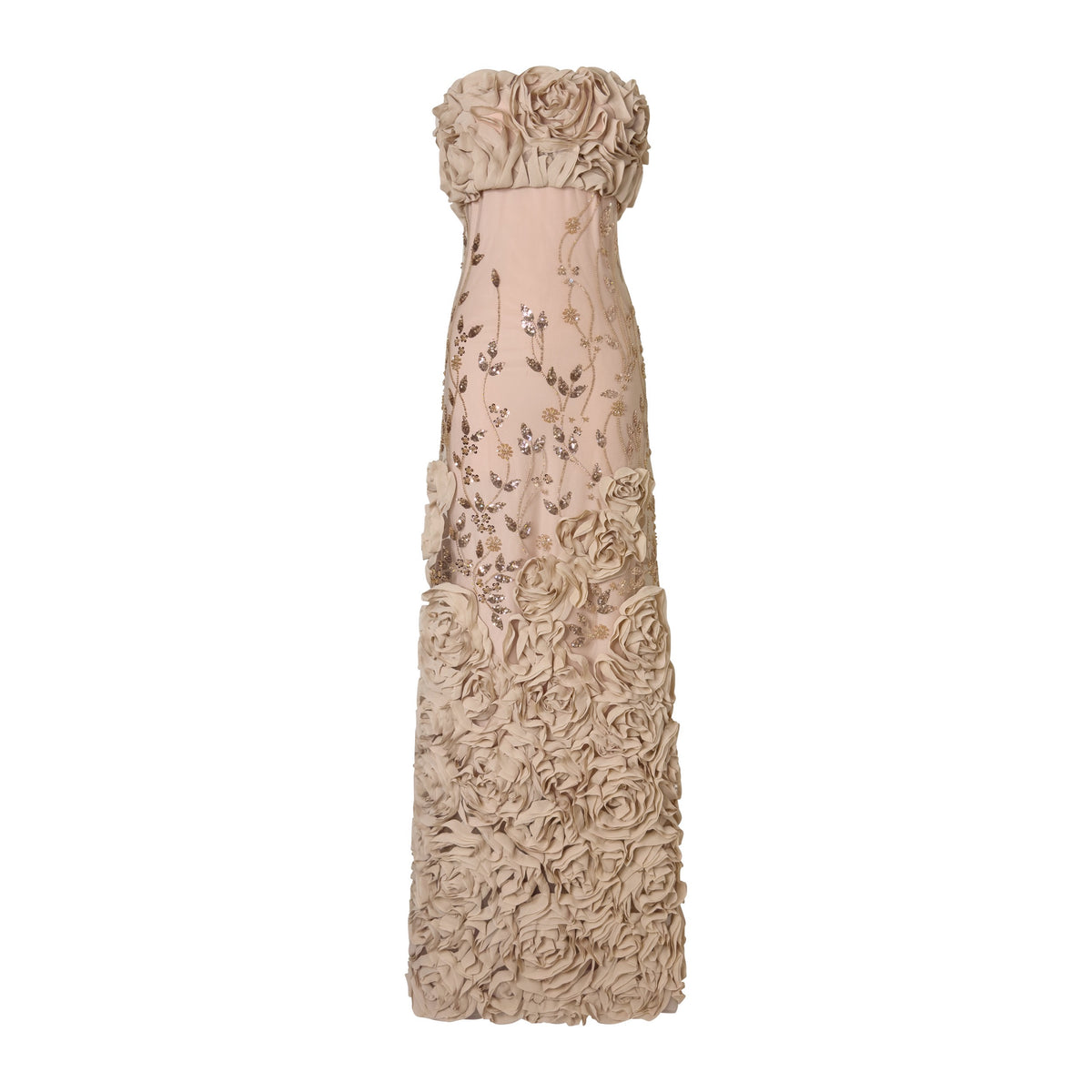 Fleur du Champagne strapless champagne gown with floral embroidery and rosettes | INAMORE