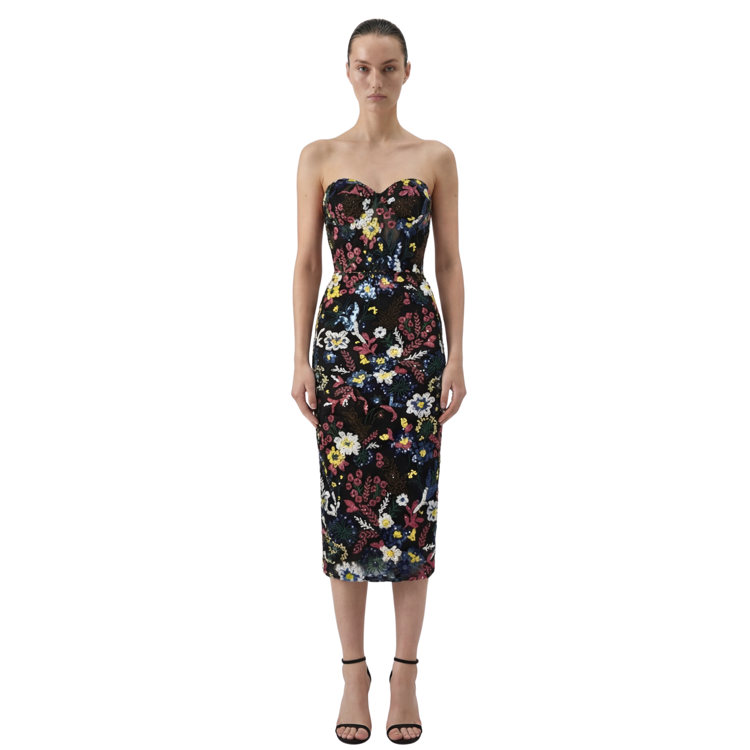 Jardin Noir Strapless Floral Sequin Corset Midi Dress - INAMORE 