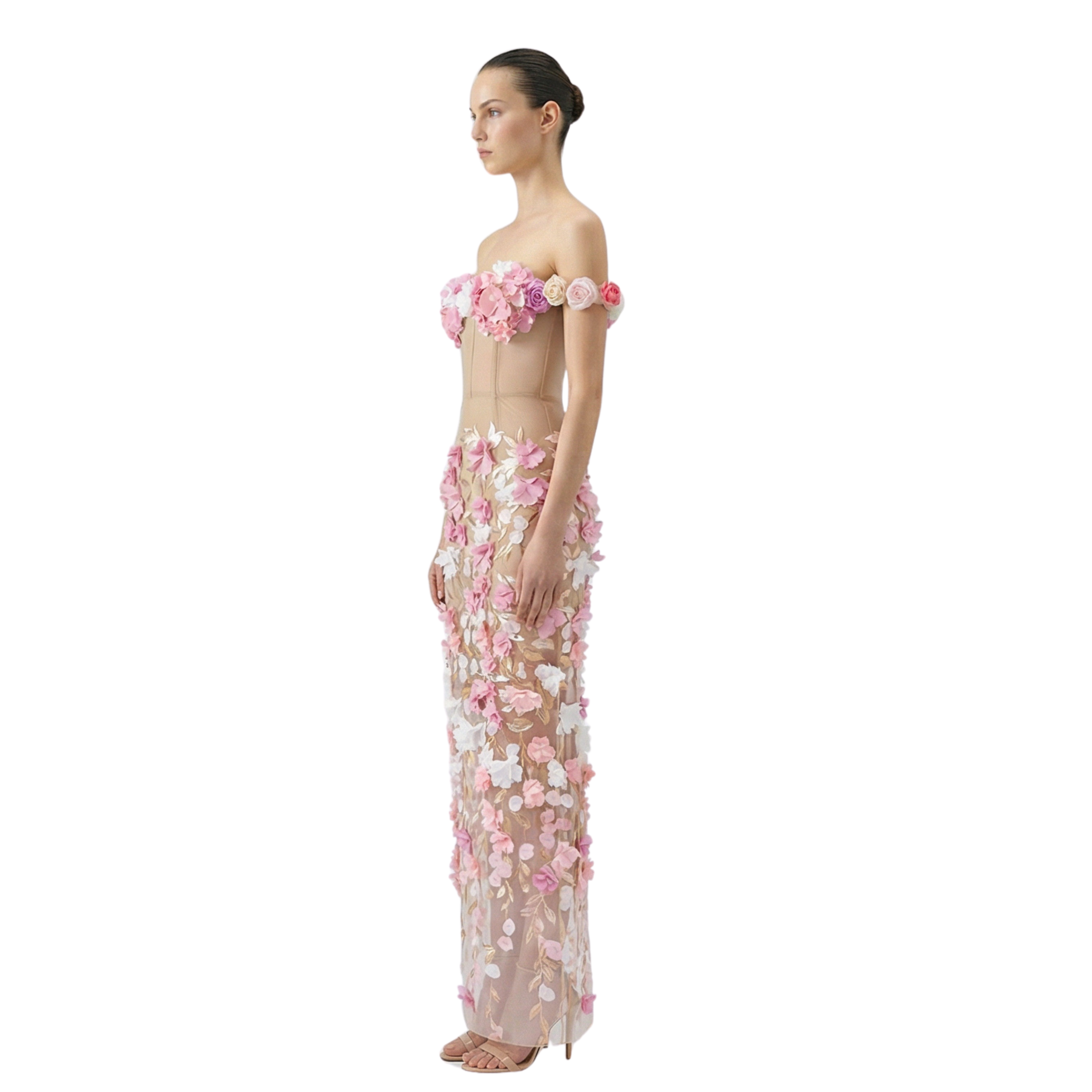 The Bloom sheer corset gown with 3D floral appliqué, nude illusion pink flower dress, made-to-order in Miami