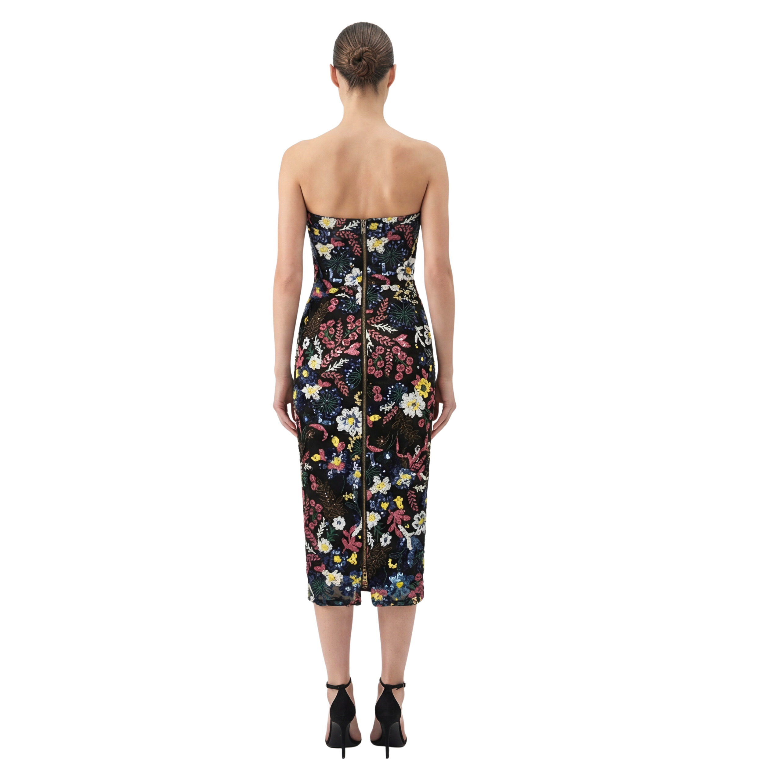 Jardin Noir Strapless Floral Sequin Corset Midi Dress - INAMORE 