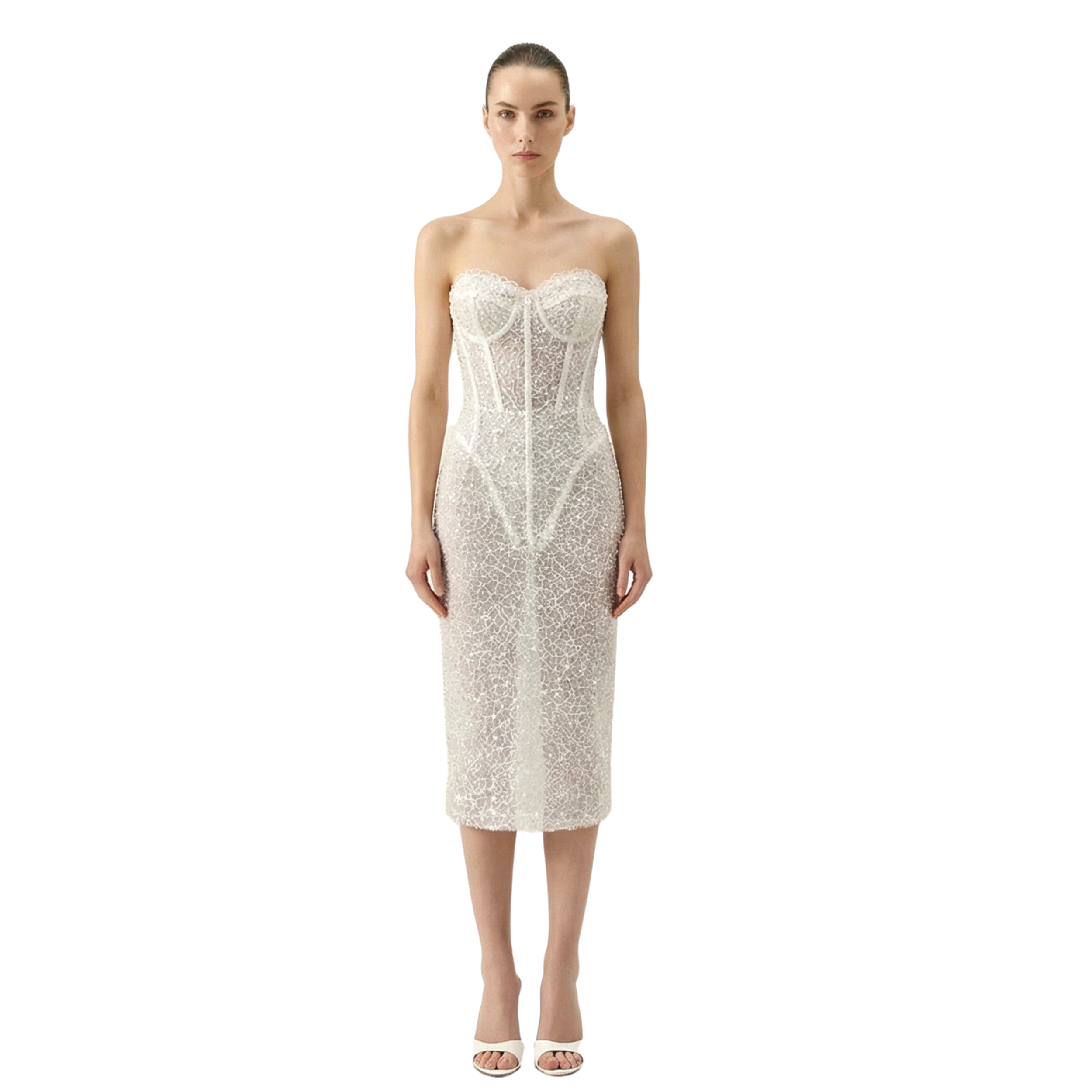 ÉCUME embellished sheer corset midi dress with lace, sequins, and built-in corset bodysuit. Made-to-order in Miami for bridal or evening wear - INAMORE