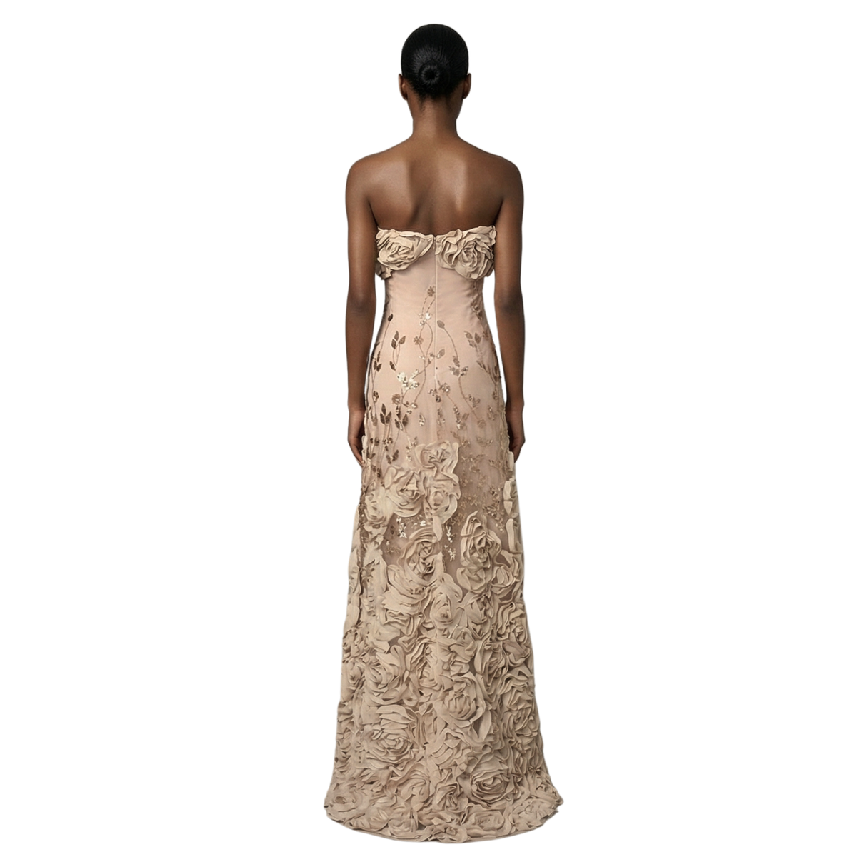 Fleur du Champagne strapless champagne gown with floral embroidery and rosettes | INAMORE